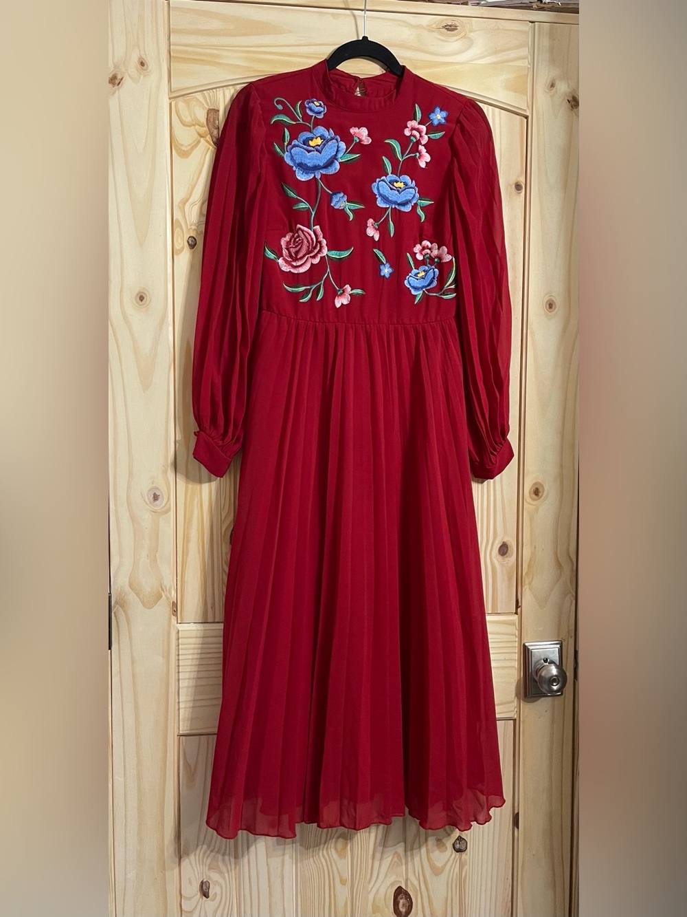 Asos Red Floral Embroidered Long Sleeve Dress